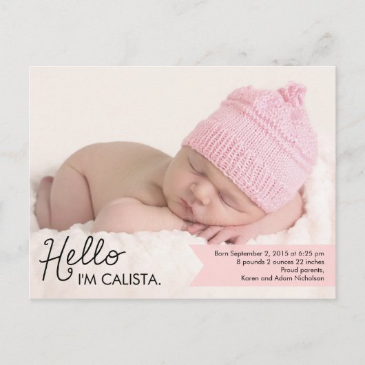Faire-part de naissance d'introduction chic - rose (Devant)