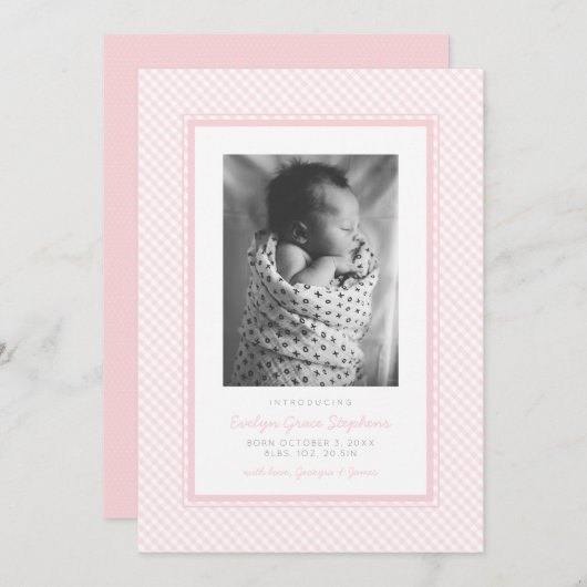 Faire-part de naissance doux en vichy rose (Devant / Derrière)