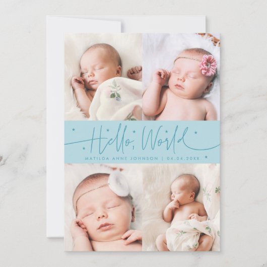 Faire-part de naissance écriture Hello World Turqu (Devant)
