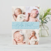 Faire-part de naissance écriture Hello World Turqu (Debout devant)