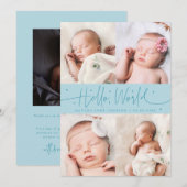 Faire-part de naissance écriture Hello World Turqu (Devant / Derrière)