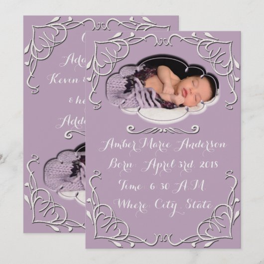 Faire-part de naissance élégant pourpre de bébé de (Devant / Derrière)