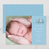 Faire-part de naissance éléphant à pois bleus pour (Devant / Derrière)