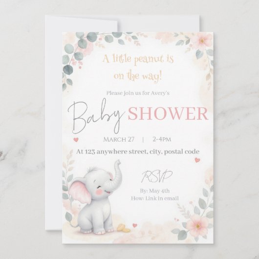 Faire-part de naissance éléphant aquarelle (Devant)