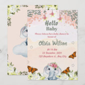 Faire-part de naissance éléphant pour bébé fille (Devant / Derrière)