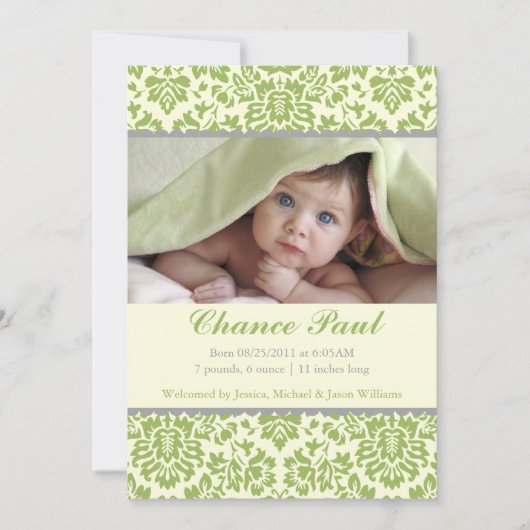 Faire-part de naissance en damas vert (Devant)
