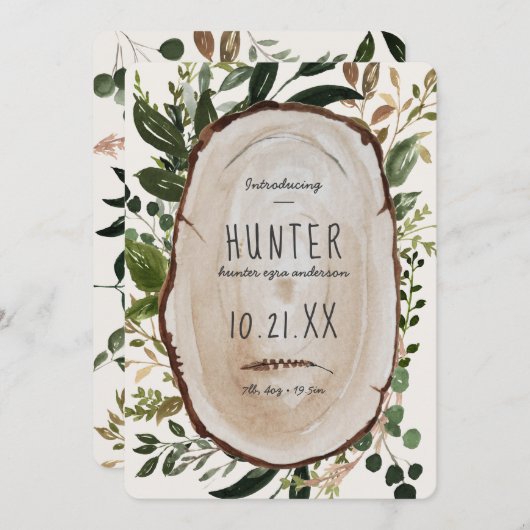 Faire-part de naissance en tranches de bois rustiq (Devant / Derrière)