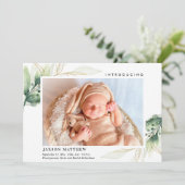 Faire-part de naissance feuille d'or vert simple (Debout devant)