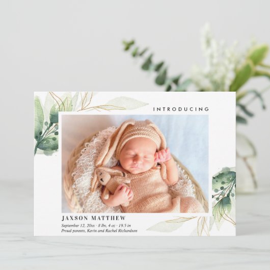 Faire-part de naissance feuille d'or vert simple (Debout devant)