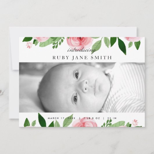 Faire-part de naissance feuille Rose aquarelle (Devant)