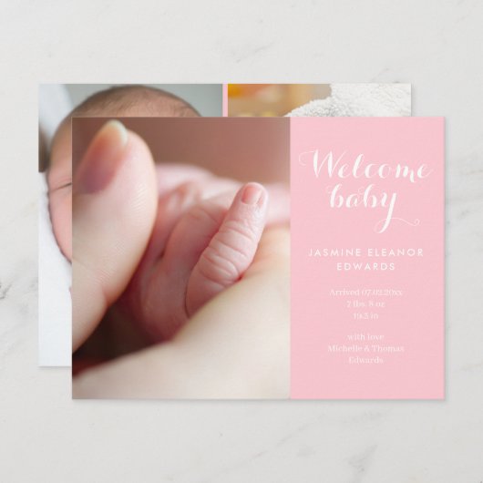 Faire-part de naissance fille avec monogramme rose (Devant / Derrière)