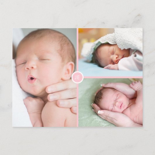 Faire-part de naissance fille avec monogramme rose (Dos)