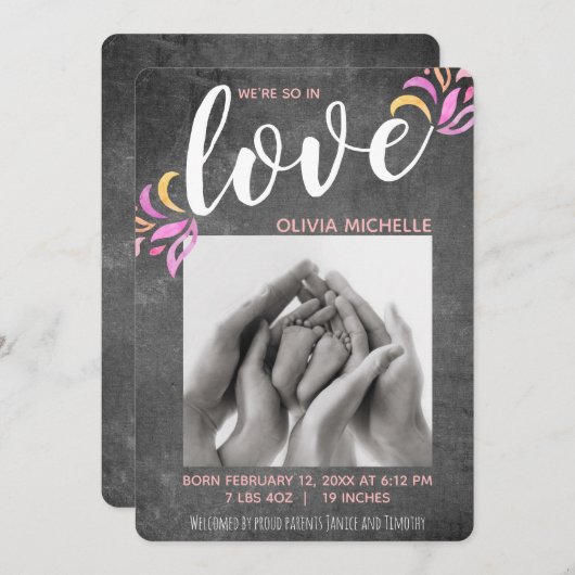 Faire-Part de Naissance Fille Chalkboard Amour (Devant / Derrière)