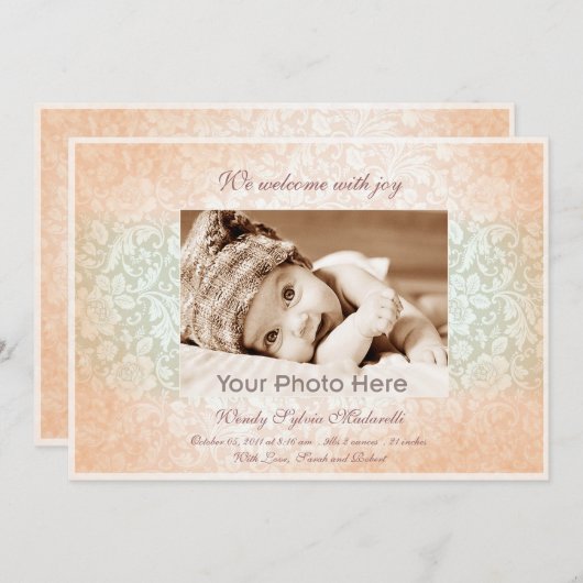 Faire-part de naissance fille classique rose (Devant / Derrière)