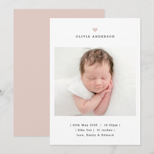 Faire-part de naissance fille coeur rose minimalis (Devant / Derrière)