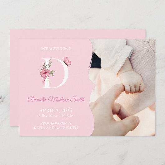 Faire-part de naissance fille D initiale (Devant / Derrière)