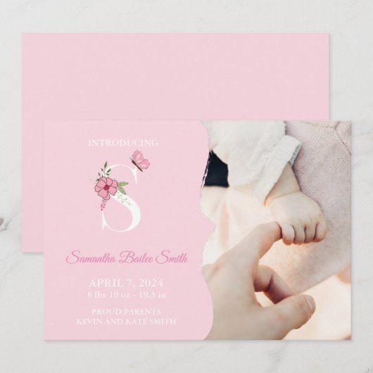 Faire-part de naissance fille initiale S (Devant / Derrière)