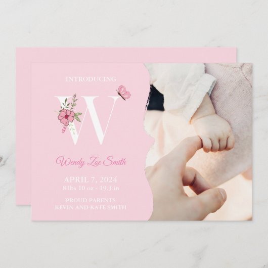 Faire-part de naissance fille initiale W (Devant / Derrière)