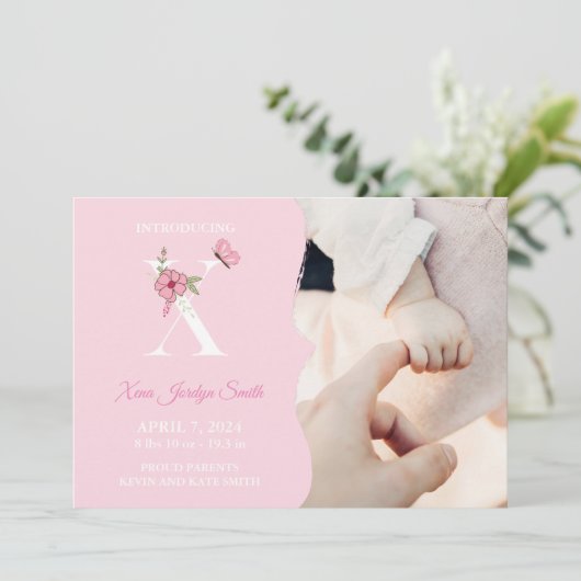 Faire-part de naissance fille initiale X (Debout devant)