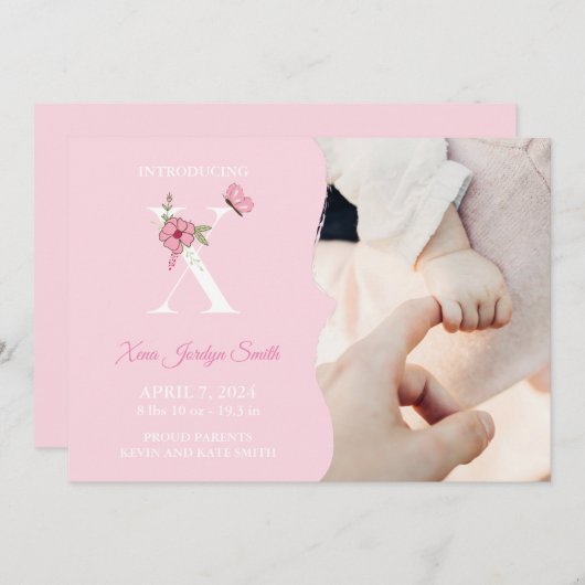 Faire-part de naissance fille initiale X (Devant / Derrière)