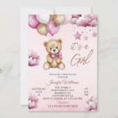Faire-part de Naissance Fille Oursons Ballons Rose (Devant)