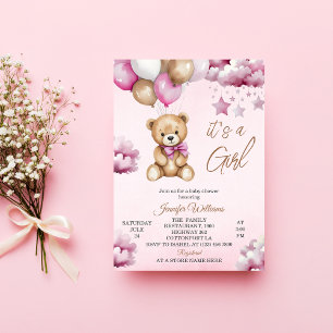 Faire-part de Naissance Fille Oursons Ballons Rose