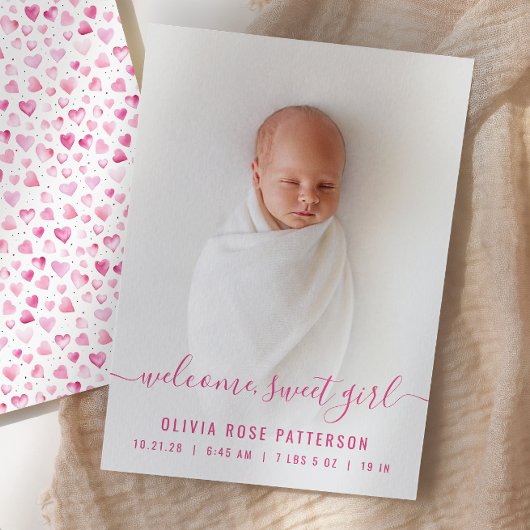 Faire-part de naissance fille rose coeurs écriture