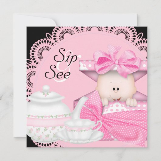 Faire-part de naissance fille rose et noir Sip & S (Devant)
