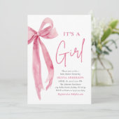 Faire-Part de Naissance Fille Rose Moderne Ruban (Debout devant)