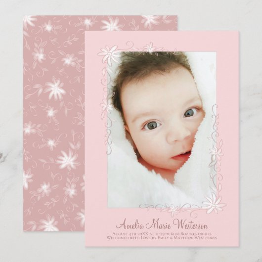 Faire-part de naissance fille rose Vintage (Devant / Derrière)