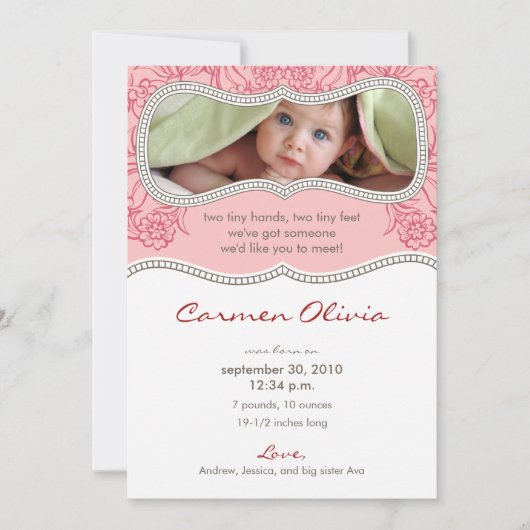 Faire-part de naissance floral adorable (rose) (Devant)