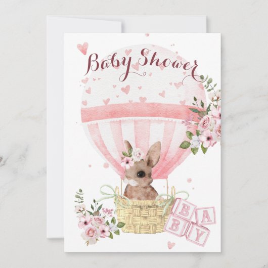 Faire-part de naissance floral bébé lapin rose (Devant)
