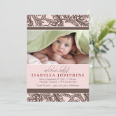 Faire-part de naissance floral orné (rose) (Debout devant)