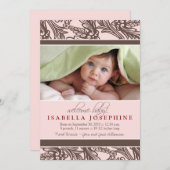 Faire-part de naissance floral orné (rose) (Devant / Derrière)