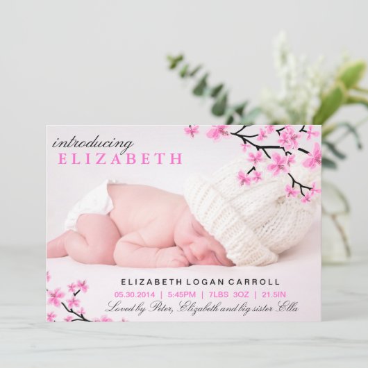 Faire-part de naissance floral rose (Debout devant)