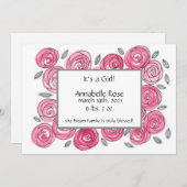 Faire-part de naissance floral rose moderne (Devant / Derrière)