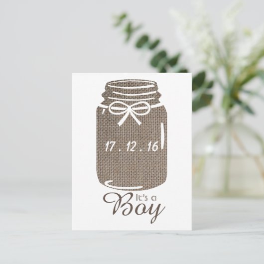 Faire-part de naissance garçon avec bocal en toile (Debout devant)