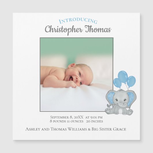 Faire-part de naissance Garçon Eléphant Bleu Bébé (Devant)
