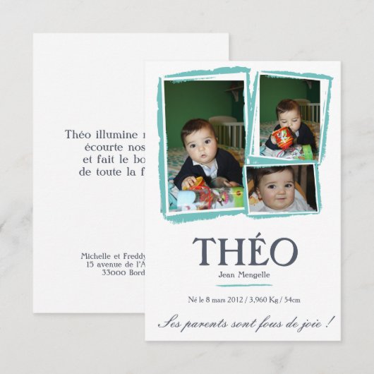 Faire-part de naissance Garçon - Fusain (Devant / Derrière)