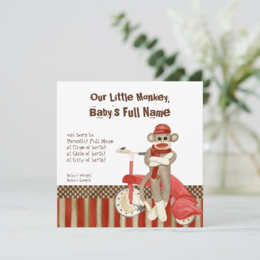 Faire-part de naissance garçon, Singe en chaussett (Debout devant)
