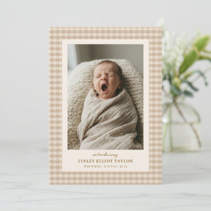 Faire-part de naissance Gingham Beige Présentant l