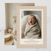 Faire-part de naissance Gingham Beige Présentant l (Devant / Derrière)