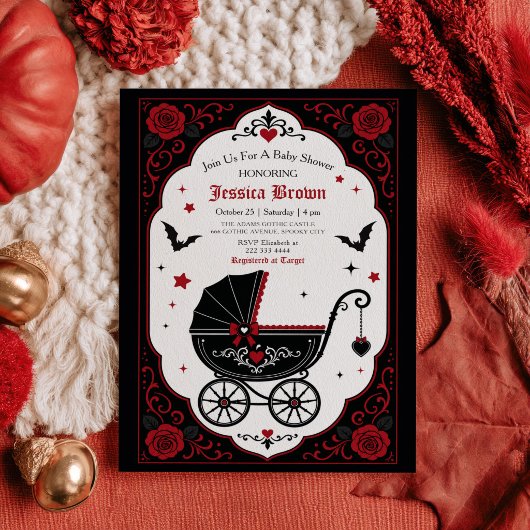 Faire-part de naissance gothique poussette rouge e