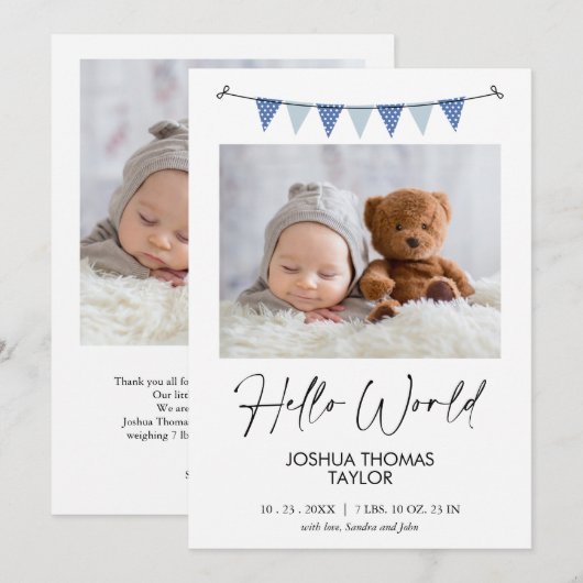 Faire-part de naissance Hello Modern Blue Bunting (Devant / Derrière)