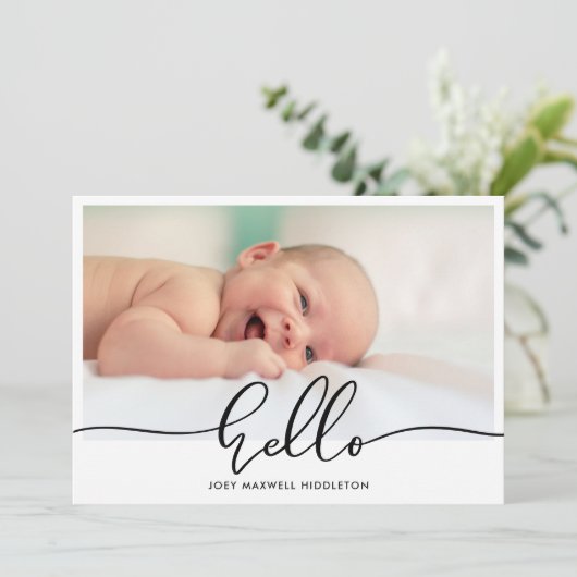 Faire-part de naissance Hello Script photo de nouv (Debout devant)
