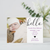 Faire-part de naissance Hello Script Photo Purple (Debout devant)