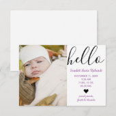Faire-part de naissance Hello Script Photo Purple (Devant / Derrière)