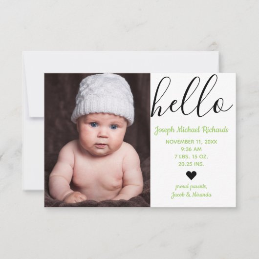 Faire-Part de Naissance Hello Script Photo Vert -  (Devant)