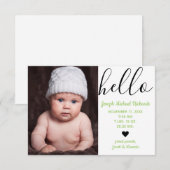 Faire-Part de Naissance Hello Script Photo Vert -  (Devant / Derrière)
