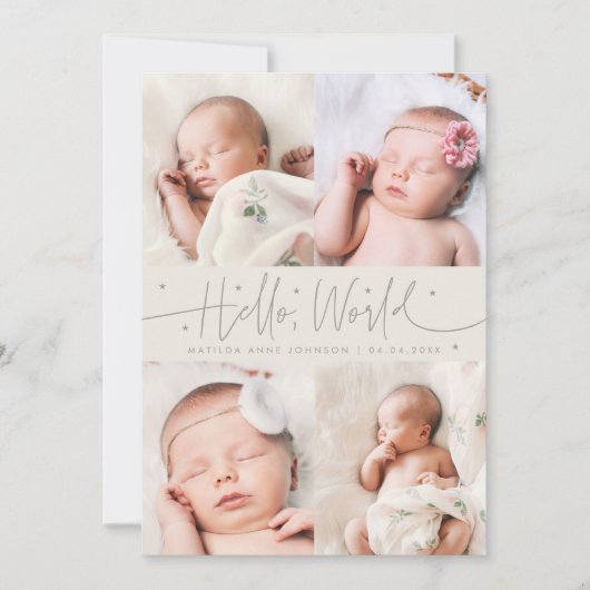 Faire-part de naissance Hello World Script Greige  (Devant)